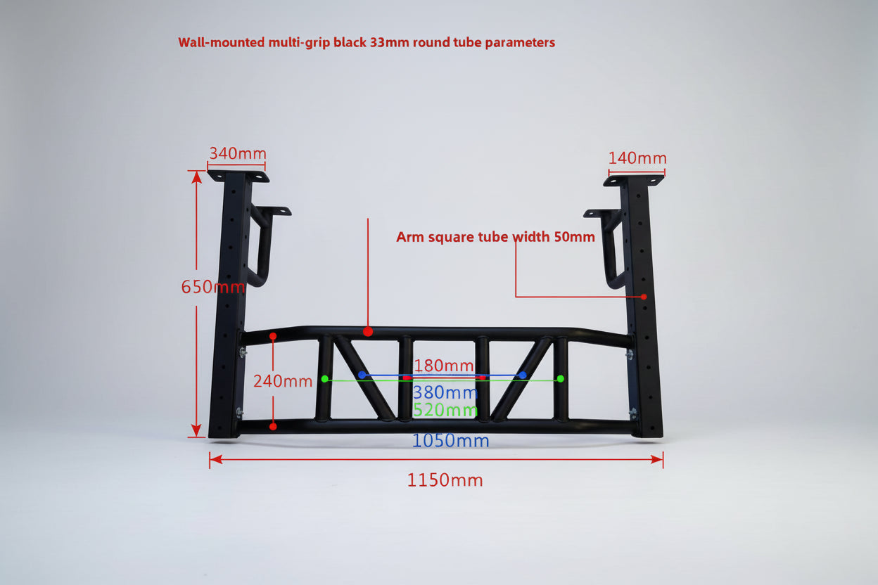 Wall-mounted multi-grip black 33mm round tube with dimensions labeled on a white background