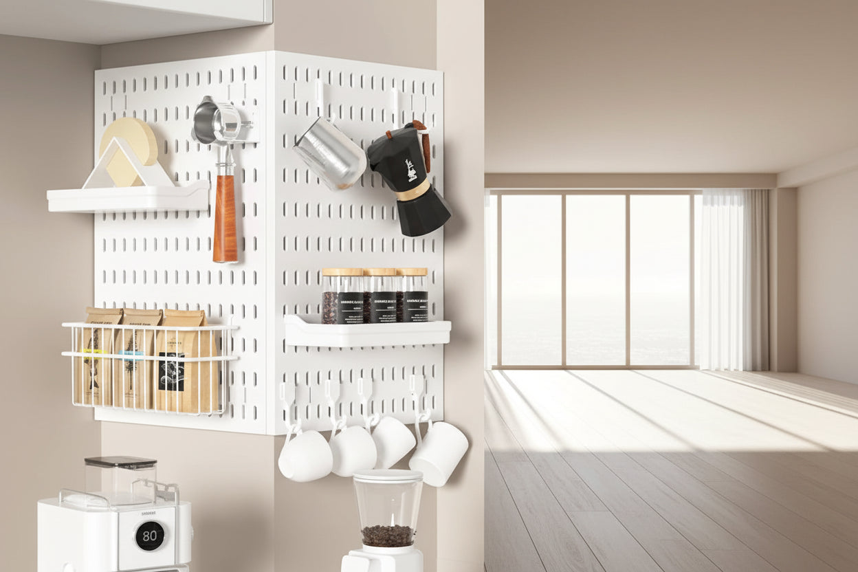 Wall-mounted storage organizer with various kitchen items on a beige wall.